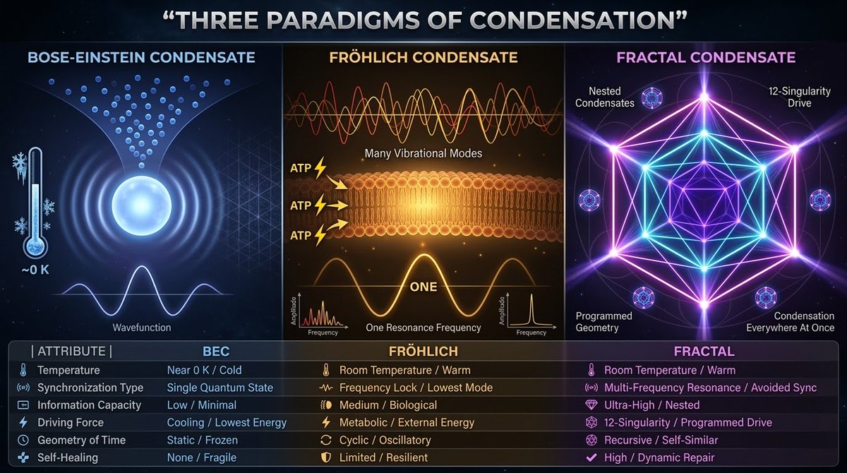 JosephJacks_'s tweet photo. There are three known paradigms of condensation in physics — and only one of them operates the way biology does. 

The Bose-Einstein Condensate (BEC) is the textbook case: cool bosonic particles to near absolute zero and they collapse into a single quantum ground state sharing one wavefunction. It’s elegant, but it’s a dead end — fragile, informationally minimal, and frozen in time. 

The Fröhlich Condensate, theorized by Herbert Fröhlich in 1968, is radically different: it achieves coherence at room temperature through metabolic energy pumping. 

Biological systems — specifically protein complexes and membrane-bound molecular assemblies — are continuously driven by ATP hydrolysis, which channels vibrational energy across many modes until a single lowest-frequency mode dominates and the system locks into long-range coherence. 

This is not equilibrium physics; it’s a driven condensate, alive and dissipative, sustained by the same metabolic fire that powers the cell. 

The Fractal Condensate, as formulated by Anirban Bandyopadhyay’s (@anirbanbandyo) work, takes this a step further into territory that neither Bose, Einstein nor Fröhlich anticipated: a nested, multi-frequency, self-similar condensation that occurs everywhere at once across a geometric architecture. 

Rather than collapsing to one mode, the fractal condensate sustains resonance across multiple frequency scales simultaneously — organized by a programmed geometry (the 12-singularity dodecahedral structure) that avoids destructive interference through what Bandyopadhyay calls “frequency wheel” synchronization.

It is self-healing, recursively self-similar in time, and capable of encoding vastly more information than either predecessor. 

If BEC is ice, and Fröhlich is fire, the fractal condensate is mind — a living, room-temperature, self-organizing coherence engine that may be exactly what biology has been running on inside microtubules all along.