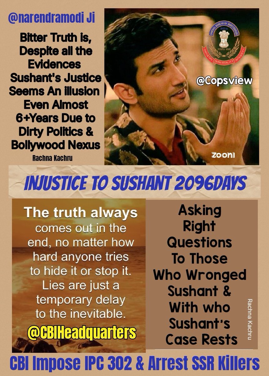 KachruRachna's tweet image. 🔱Har Har Mahadev🔱

68+Months Of INJUSTICE To
#SushantSinghRajput𓃵

Questions Asked Daily By Millions
WHO KILLED SUSHANT❓
Why No Chargesheet❓
Why No Arrest❓
Why No Custodial Interrogation❓
@Copsview

#WAKEUPCALL For The Govt &amp;amp; The
Agencies

TL~Injustice To Sushant 2096Days