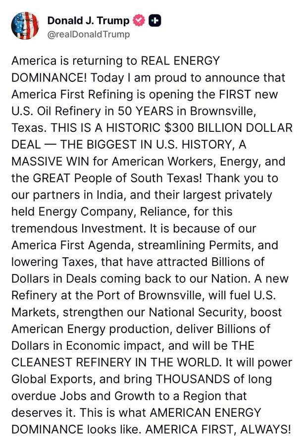 EL TIEMPO LE DA LA RAZÓN A AMLO HASTA EN EE.UU

Donald Trump anunció la construcción de una refinería en Texas, la primera que se levanta en Estados Unidos en casi 50 años.

Imagino que los PANistas y los pseudo analistas de acá le dirán "que vive en el pasado" y todo lo que le