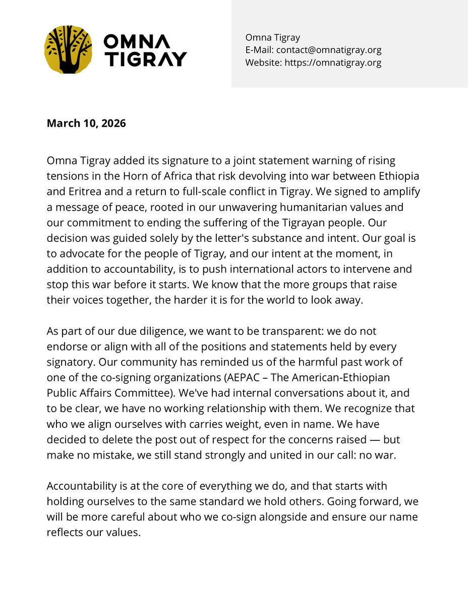 Omna Tigray added its signature to a joint statement warning of rising tensions in the Horn of Africa that risk devolving into war between Ethiopia and Eritrea and a return to full-scale conflict in Tigray. We signed to amplify a message of peace, rooted in our unwavering