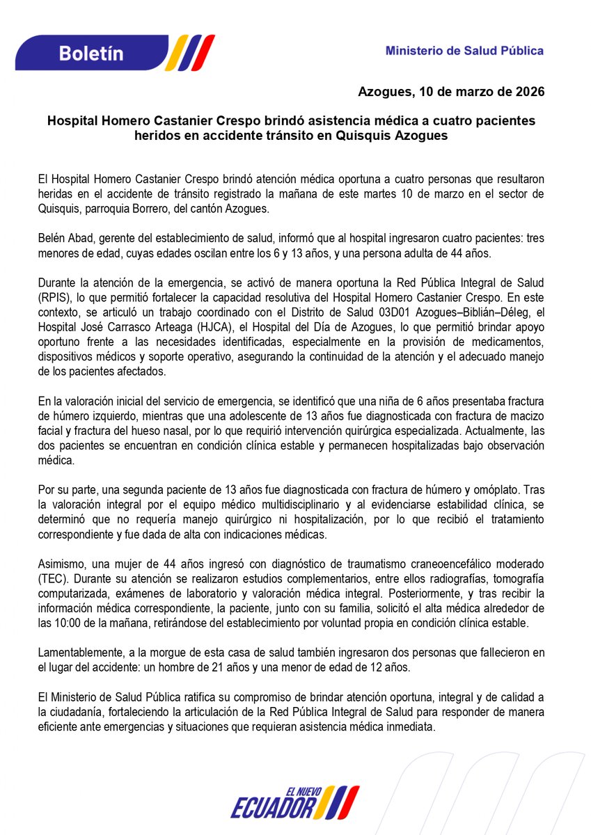 #ElNuevoEcuador | El <a href="/HHCCAzogues/">Hospital Homero Castanier Crespo 🇪🇨</a> brindó atención oportuna a personas que resultaron heridas tras un accidente de tránsito registrado este 10 de marzo en el sector Quisquis, en Azogues. Las pacientes recibieron atención inmediata por parte del personal de salud.