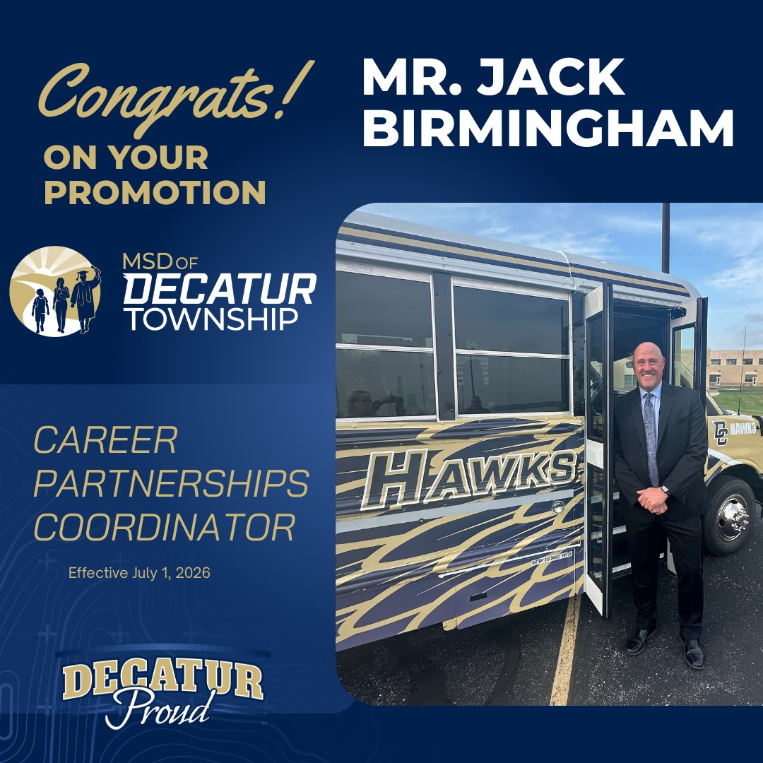 Congrats to Mr. Jack Birmingham, our newCareer Partnerships Coordinator for the MSD of Decatur Township, effective 7/1/26. This new position will support the work-based learning opportunities for students <a href="/DCHS_hawks/">Decatur Central</a> and <a href="/DTSExcellence/">DTSE</a> 
Read more at bit.ly/3MVKG9l