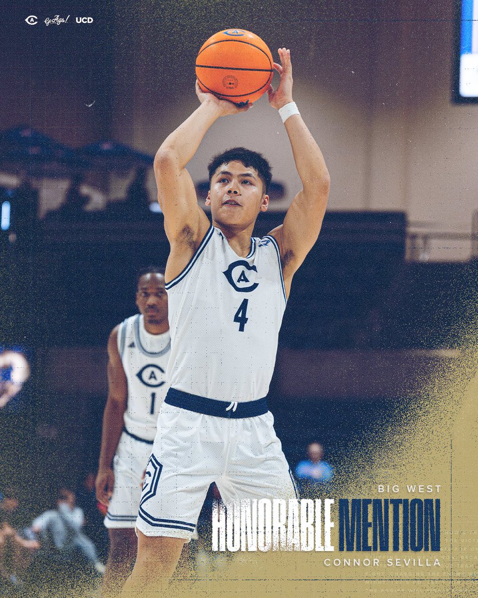 ucdavismbb's tweet photo. All-Big West Honorable Mention for Connor Sevilla ⭐️

• 13.1 PPG (Team Leader)
• 41.0% 3-Point Shooting (2nd in Big West)
• 90.0% Free Throw Shooting (14th in the country, 1st in Big West, 2nd highest single-season FT% in program history among qualified players)

#GoAgs https://t.co/JLRBti5XJJ