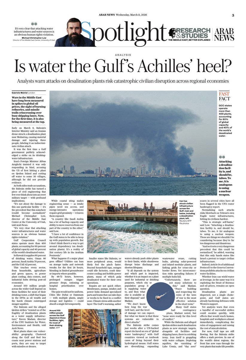 #SPOTLIGHT: #Gulf states produce 60% of the world’s desalinated water. Analysts warn that just a handful of strikes could cripple the region’s cities. Read more arab.news/v3cds