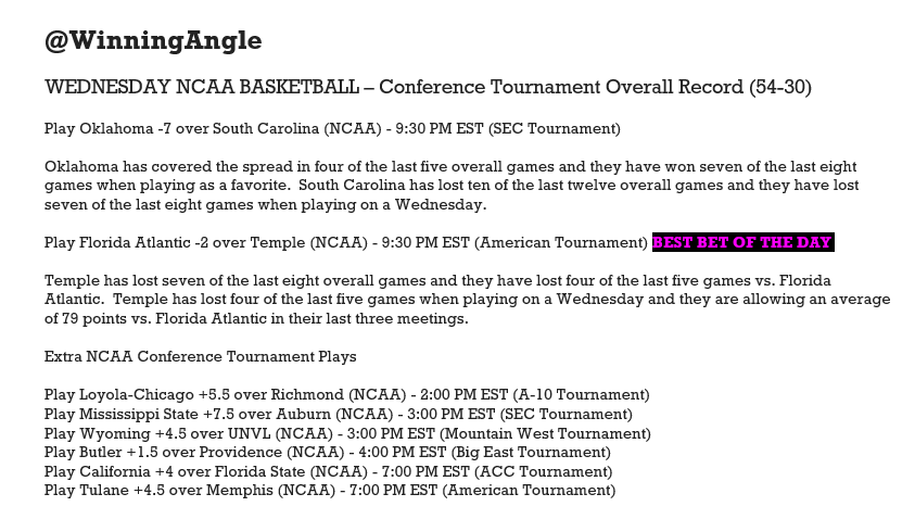 WinningAngle's tweet image. WEDNESDAY NCAA HOOPS 🏀- Here are my plays and analysis for conference tourney action.  Let's have some fun, enjoy this great day, and keep the winners rolling!! #NCAAB #ChampWeek