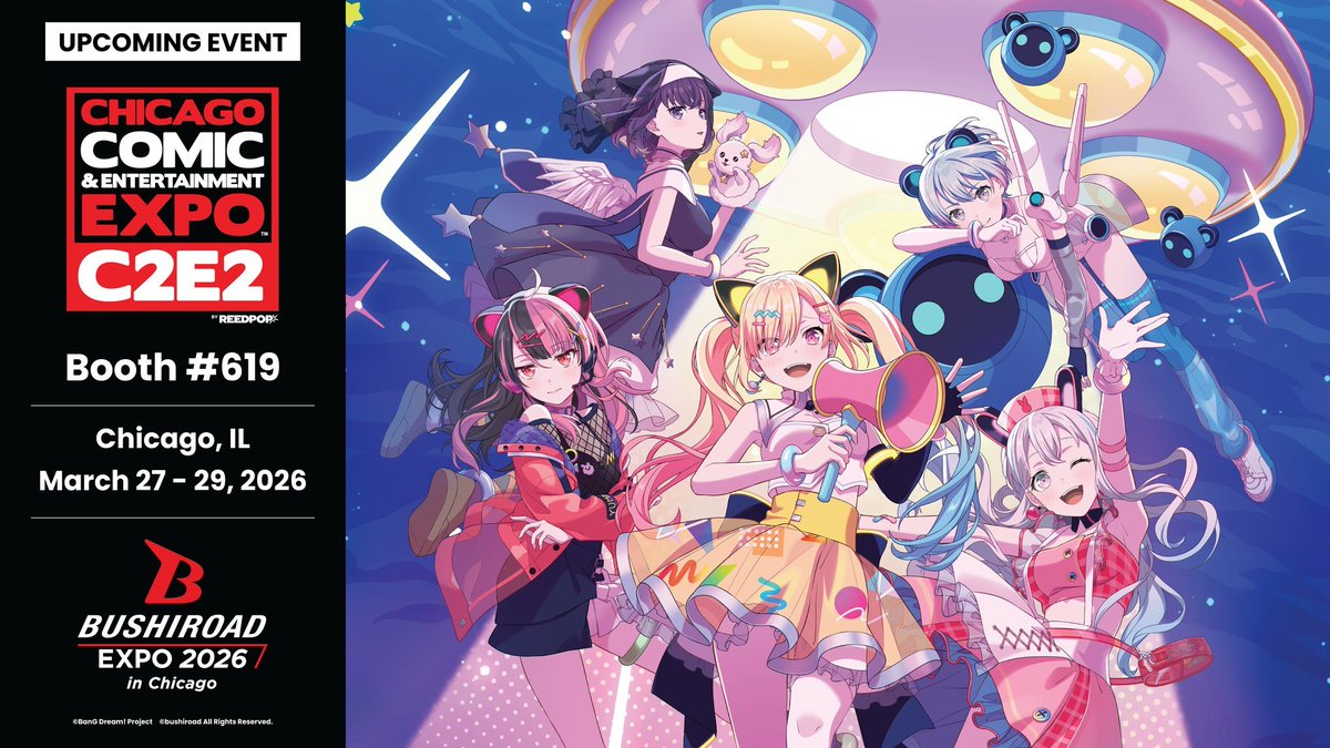 🎡 #BushiroadEXPO2026 in Chicago 🎡

Bushiroad EXPO 2026 heads to <a href="/c2e2/">C2E2</a>! 🎉🎉🎉

Stop by Bushiroad Booth #619 for exclusive merchandise and TCG Demos for our latest and newest games! Check out the website for more information! See you there! ✨🛸📢

📅: March 27 - March 29, 2026