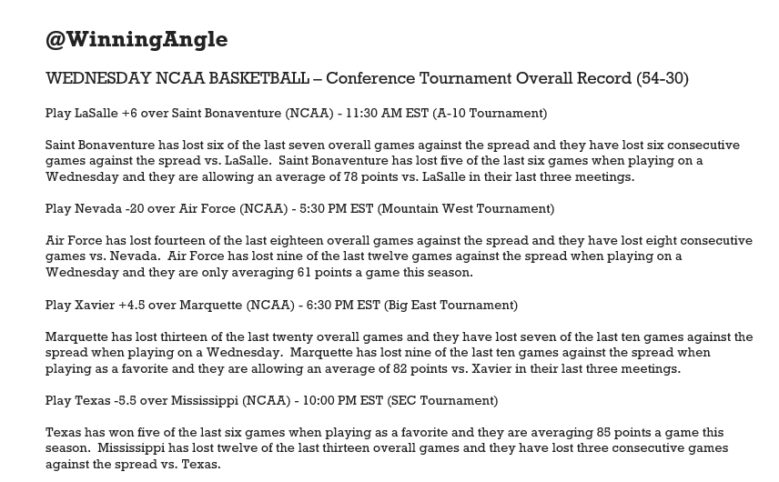 WinningAngle's tweet image. WEDNESDAY NCAA HOOPS 🏀- Here are my plays and analysis for conference tourney action.  Let's have some fun, enjoy this great day, and keep the winners rolling!! #NCAAB #ChampWeek