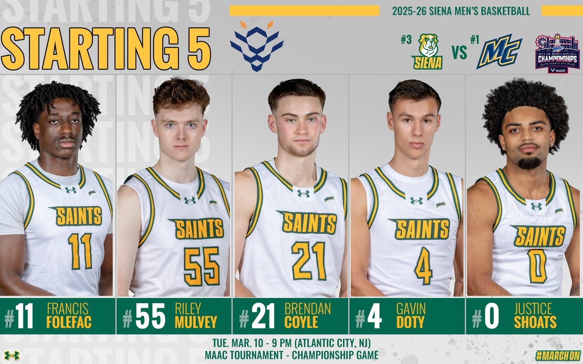 SienaMBB's tweet photo. 📝 Our @MAACHoops Championship Game Empire #StartingFive
We play for a chance to dance at the top of the hour on ESPN2 and @JAMZ963
Let's do this 😤
#MarchOn x #SienaSaints https://t.co/LxzVvryTt1