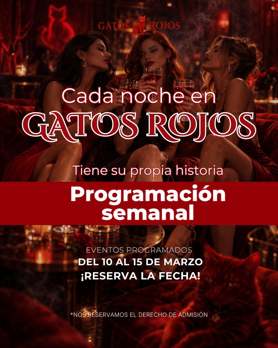 Gatosrojosclub's tweet photo. Descubre qué noche es la tuya. Cada noche una experiencia diferente. ✨ Encuentros íntimos entre semana 🔥 Jueves para mentes abiertas 🎭 Viernes y sábado de cabaret y espectáculo 🥀 Domingos para dejarse llevar por la noche 📍 Cali – Av 4N #28N-140, San Vicente Gatos Rojos Club https://t.co/3KYEq40U9s