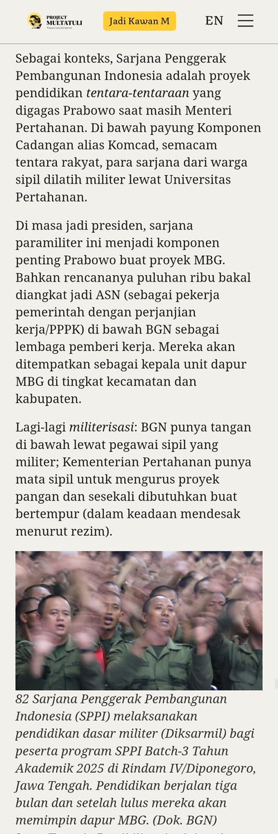 tau gak yg paling menarik dari arrikel ini? selain ngedebunk klaim-klaim besar MBG, artikel ini juga ngasih satu info yang baru hari ini saya tahu

ternyata kepala unit dapur MBG diambil dari proyekannya Prabowo saat masih menjadi Menhan

Sarjana Penggerak Pembangunan Indonesia