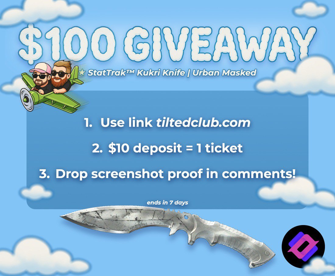 TiltedTwinz's tweet image. 🎁 $100 GIVEAWAY! 🔥 StatTrak™ Kukri Knife | Urban Masked

✅ Use link: tiltedclub.com
💜 Deposit $10 = 1 ticket
💰 RT

🍀Good Luck!
⏰Ends in 7 days!
#Giveaway #cs2 #cs2skins
