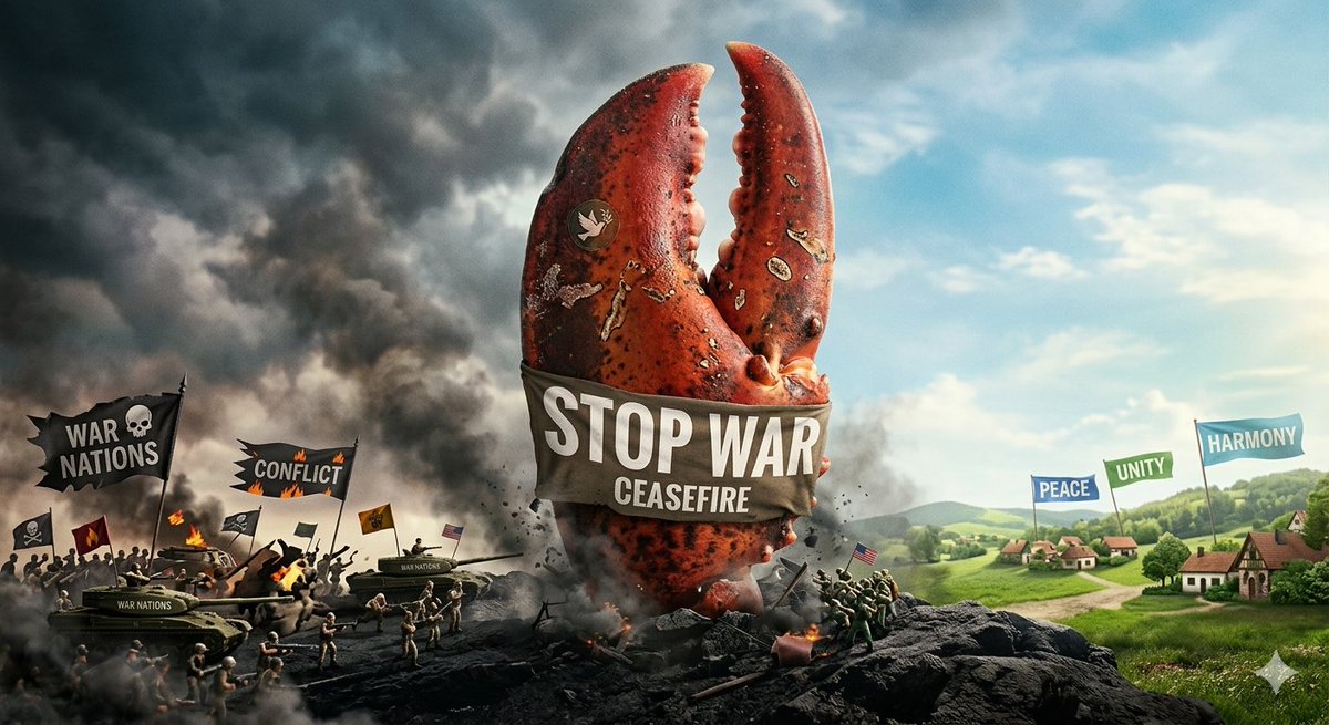 Peace_Calw's tweet photo. In a world consumed by endless wars⚠️
One creature rose from the ocean.
Not a soldier.🪖
Not a king.🤴
But a Lobster with a Claw of Peace.🦞
To remind the world:Peace🕊 is stronger than war.
Now the PeaceClaw Army spreads across the blockchain.🏳️‍
Raise the Claw. #CryptoMeme https://t.co/6Vi2MyB3oU
