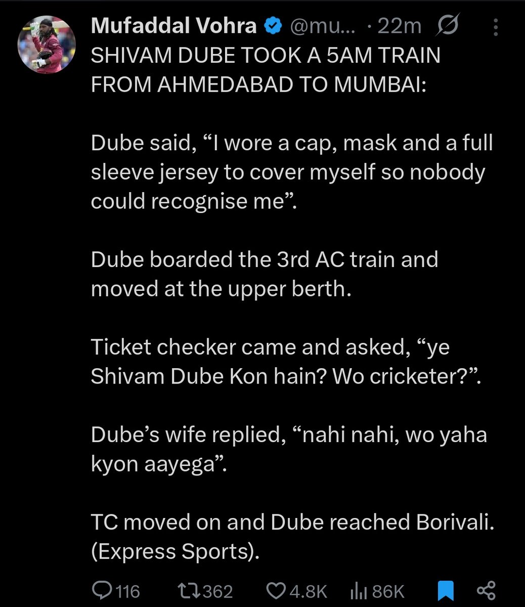 Manvendra__17's tweet photo. Where everyone is hungry for credits and appear everywhere 

Shivam Dube is is grounded and travelling to home in TRAIN 🚂🚂 https://t.co/PCyFTqOH2W