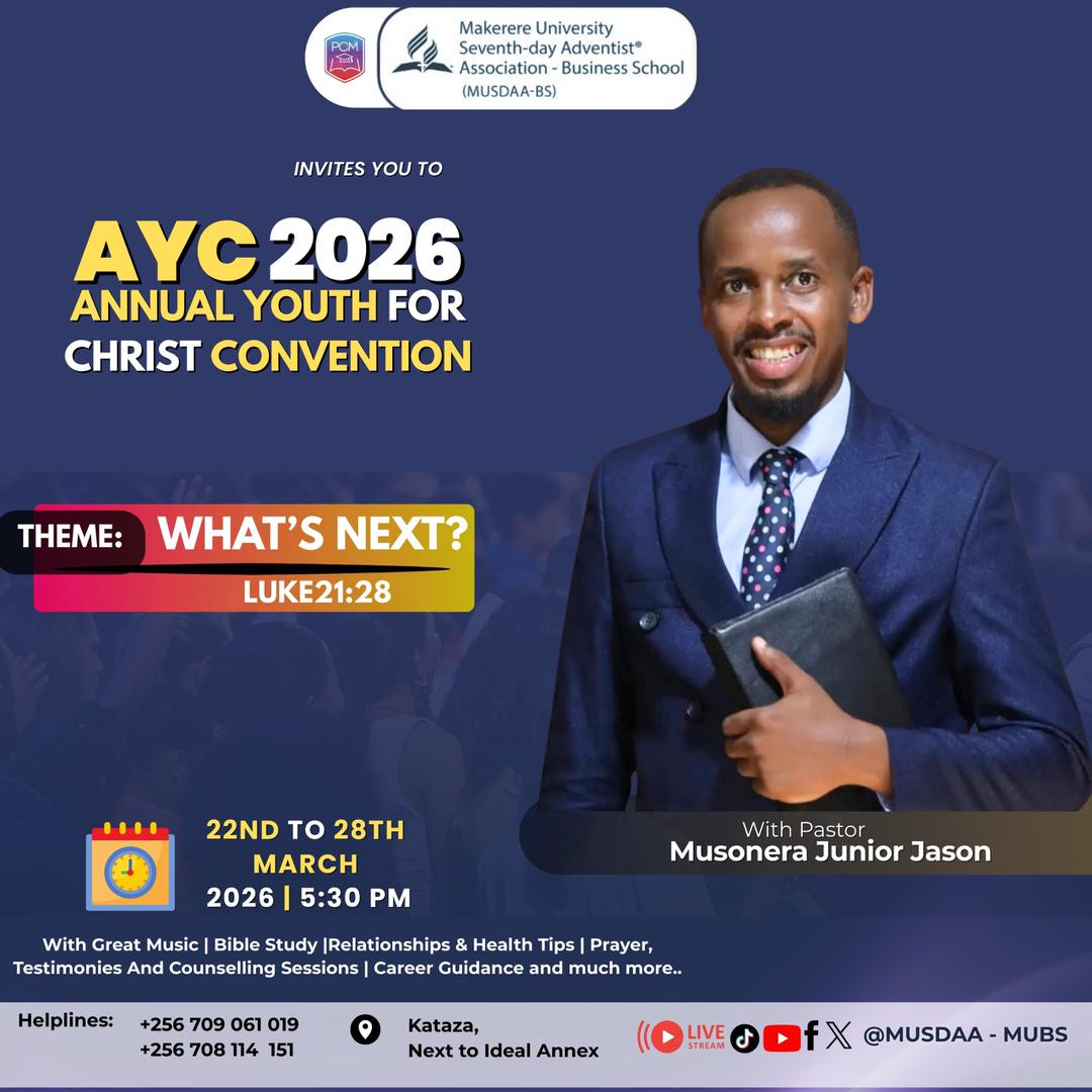 PCM_CUC_on_X's tweet photo. "๐ Youโre invited to the AYC 2026 Annual Youth for Christ Convention! ๐ค Theme: _WHAT'S NEXT?_ (Luke 21:28) with Pastor Musonera Junior Jason. Join us for for music, Bible study, relationships & health tips, prayer, testimonies, counselling & career guidance. https://t.co/oK6zRtj3tl