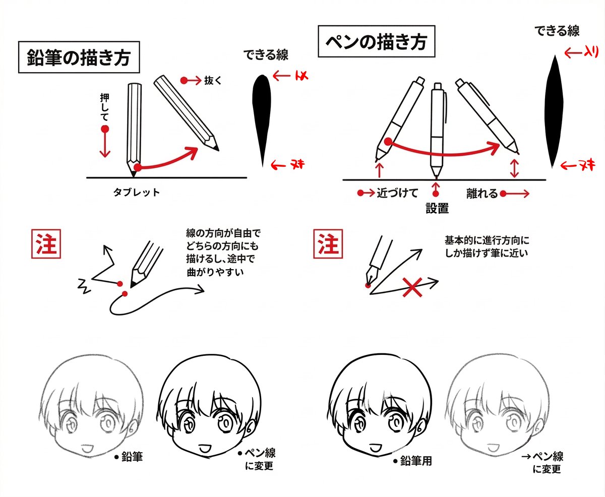 いわゆるペンの線と鉛筆の線の書き方の違い。
別にどっちが良し悪しってわけでもないんですがペン入れすると野暮ったいとか線が死んでしまうという人は自分の絵の適正とあってないこともあるのでペンの強制入り抜きなどを使うと改善できる場合もあります 