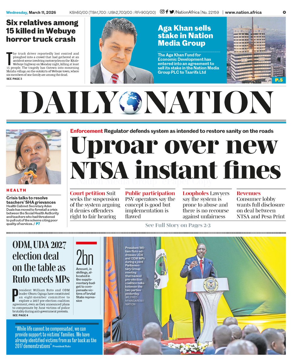 nyanducha's tweet photo. Today's newspaper headlines.

Wednesday, 11th March 2026.

Contact #Victorock #Kenya on 0706357055 or info@victorockkenya.com for #Ubibot soil, temperature &amp; humidity IoT #sensors, #Sophos firewalls, #Cisco #Meraki firewalls &amp; switches.

#ePaper #Gazeti #Omollo #SafariRally #KPC https://t.co/wjbvAzu10r