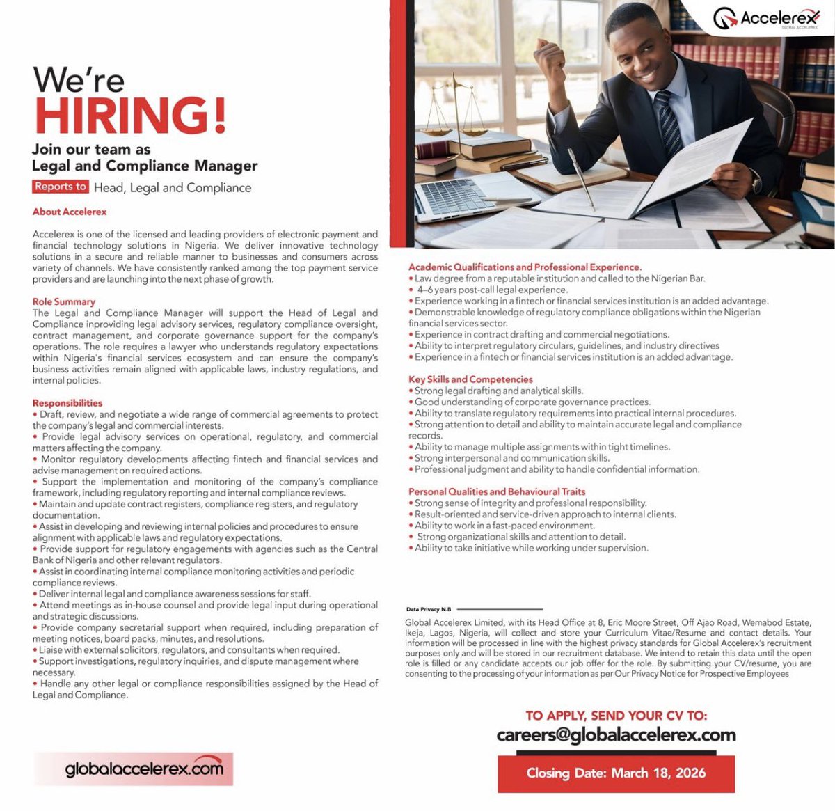 A couple of in-house job opportunities for lawyers that I’ve come across recently: