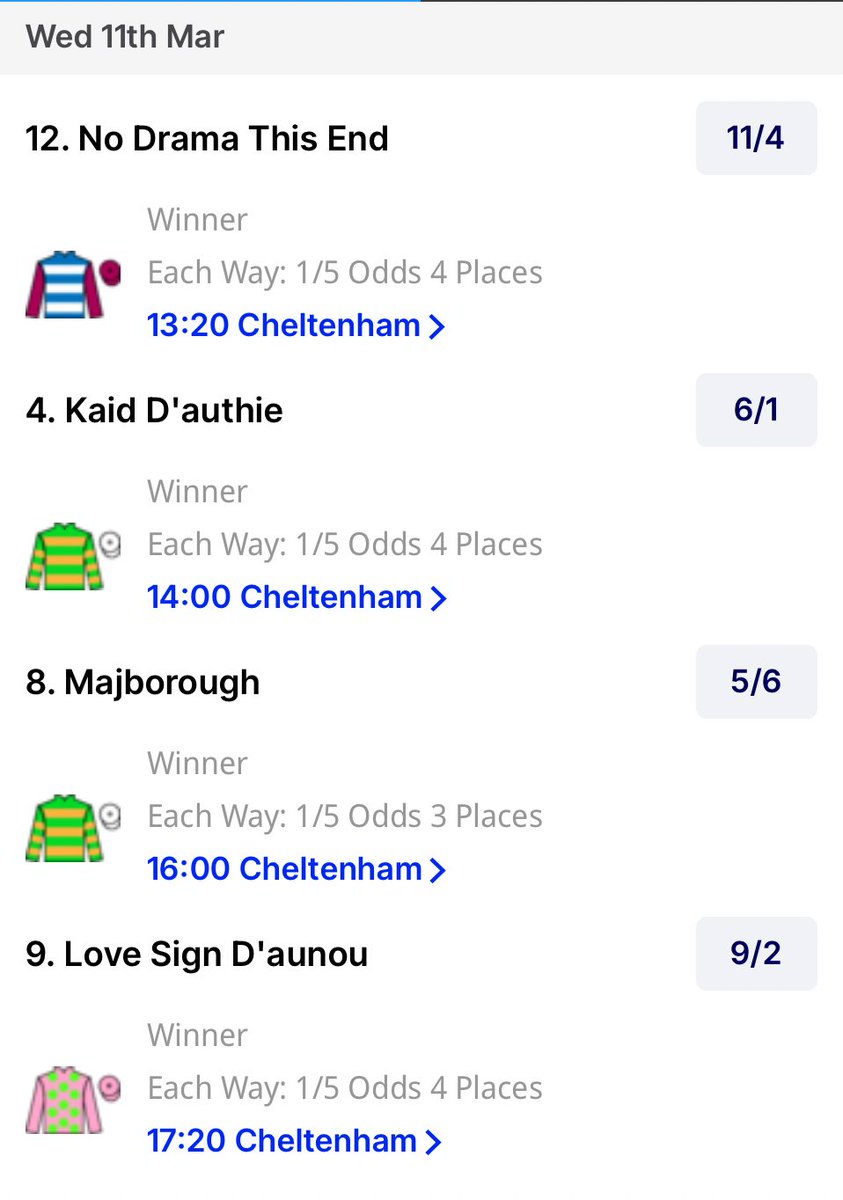 TBD_Tips's tweet photo. Cheltenham Day 2 and with a busy afternoon ahead we’ve put these 4 selections together to form an each way #TBD_Lucky15 Best of luck today, hope you all smash it. https://t.co/O3FkceLL8f