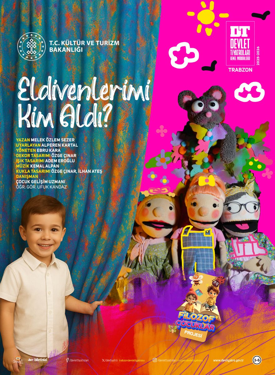 ELDİVENLERİMİ KİM ALDI? (Filozof Çocuklar Projesi) adlı oyunumuz bugün saat 11.00' de minik seyircisiyle buluşacak.
(3-6 yaş izleyiciler için uygundur.)
Çocuk Oyunu
1 Perde -30 dk.

Yazan Melek Özlem Sezer
Uyarlayan Alperen Kartal
Yöneten Ebru Kara