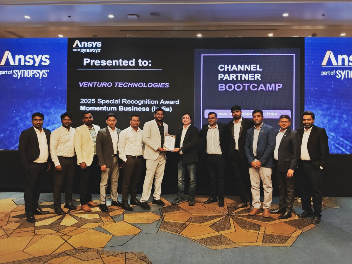 venturo_tech's tweet photo. Honored to receive the Special Recognition Award " Momentum Business (India) 2026 from ANSYS, part of Synopsys.

Also celebrating Manoj Narayanan for receiving the Competitive Win Excellence (India) 2025 award. 

#VenturoTechnologies #ANSYS #EngineeringInnovation #Simulation https://t.co/jxnBtbHNDV