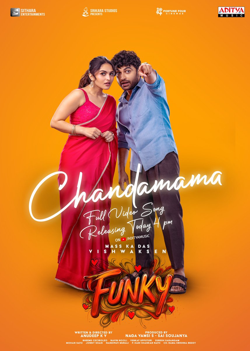 adityamusic's tweet photo. A soothing melody wrapped in love and magic 💕🎶
#Chandamama full video song releasing today at 4 PM ✨
🎤 #EswarDathu
✍️ #DevPawar
A #BheemsCeciroleo Musical 🎵
#Funky Mass Ka Das @VishwakSenActor @11Lohar @anudeepfilm #BheemsCeciroleo @vamsi84 #SaiSoujanya @NavinNooli @Venkatupputuri #SureshSarangam #MohanSato @NtrMurali9999 @SitharaEnts @Fortune4Cinemas #SrikaraStudios @adityamusic