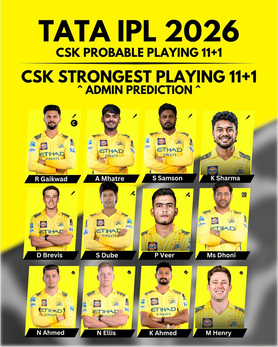 cricable1's tweet photo. IPL 2026 CSK STRONGEST playing 11+1 ( What Yours Tell us in comment). https://t.co/aRYEJUyB4H