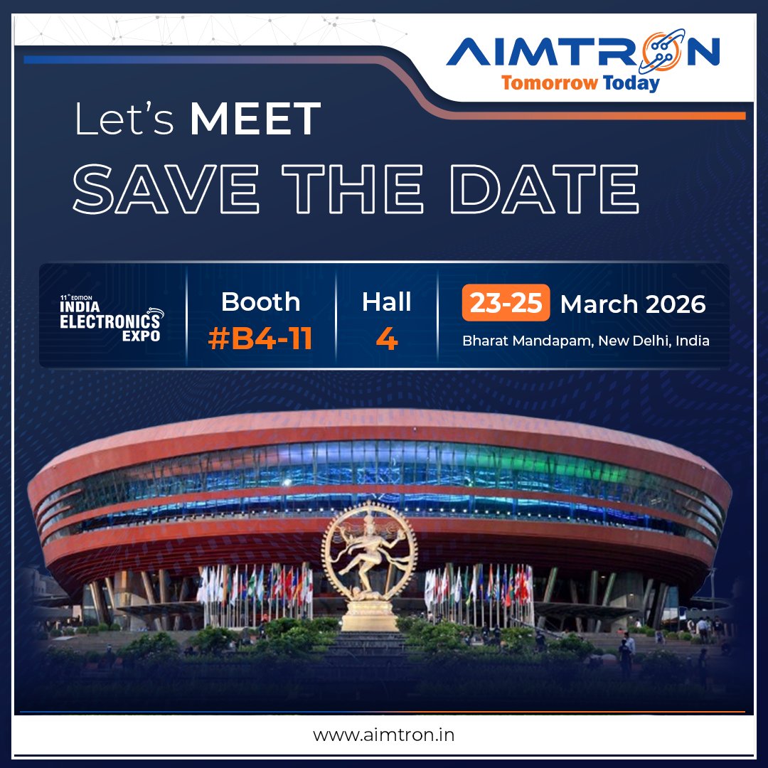 aimtronindia's tweet photo. #Aimtron is excited to participate in the #IndiaElectronicsExpo2026.

Bharat Mandapam, New Delhi
23–25 March 2026
Booth B4-11 | Hall 4

Discover Aimtron’s end-to-end #ESDM solutions—from product design &amp; prototyping to #EMS and #boxbuild.
Learn more: https://t.co/MPnnp60Lxa https://t.co/EoQ5fKD2OL