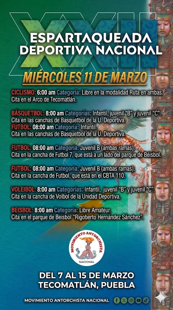 Este miércoles 11 de marzo continúan las competencias de la XXII Espartaqueada Deportiva Nacional.
La Espartaqueada es el evento deportivo no gubernamental más grande del país organizado por el Movimiento Antorchista Nacional.
#EspartaqueadaDeportiva #AntorchaEsDeporte