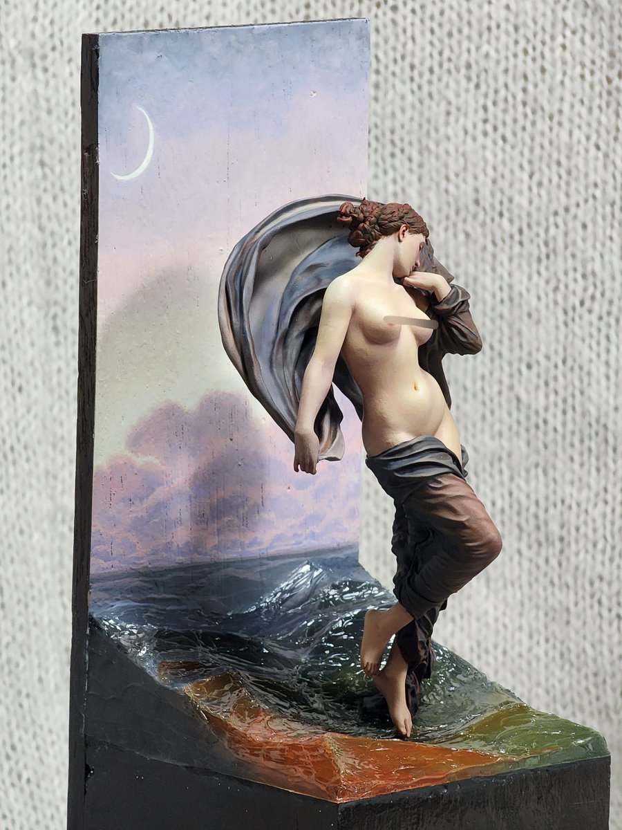 Commission piece finished
Model: Eveningmood by Golem miniatures 

French: La Crépuscule painted in 1882 by William-Adolphe Bouguereau, is an academicist oil-on-canvas allegorical painting. features a nude, Venus-like female figure draped in sheer, flowing fabric in sunset sea.
