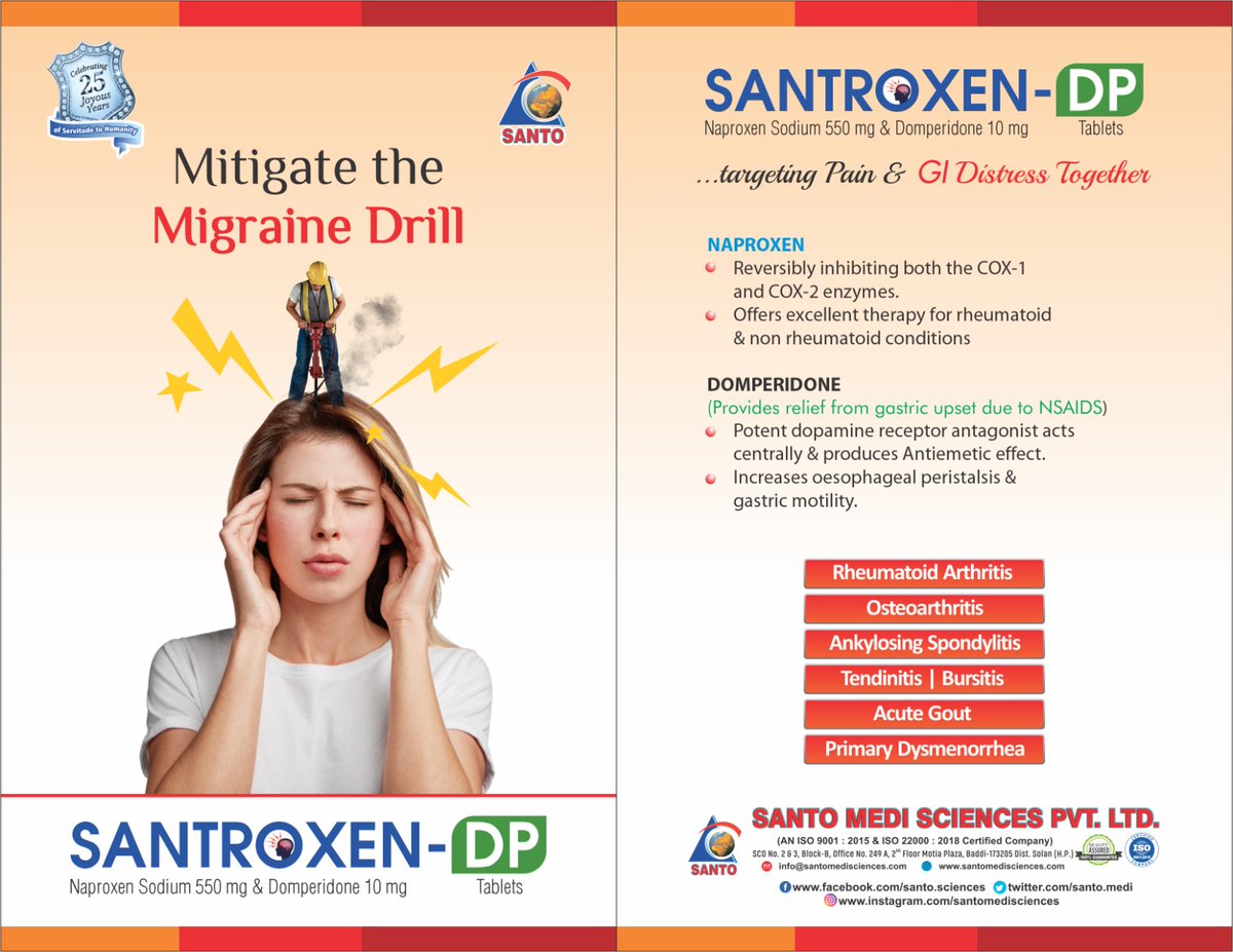 santo_medi's tweet photo. Naproxen and Domperidone tablet is a combination medication primarily used to treat migraine headaches, relieving both the pain (via Naproxen) and associated nausea/vomiting (via Domperidone). https://t.co/pfuHzlbaA0