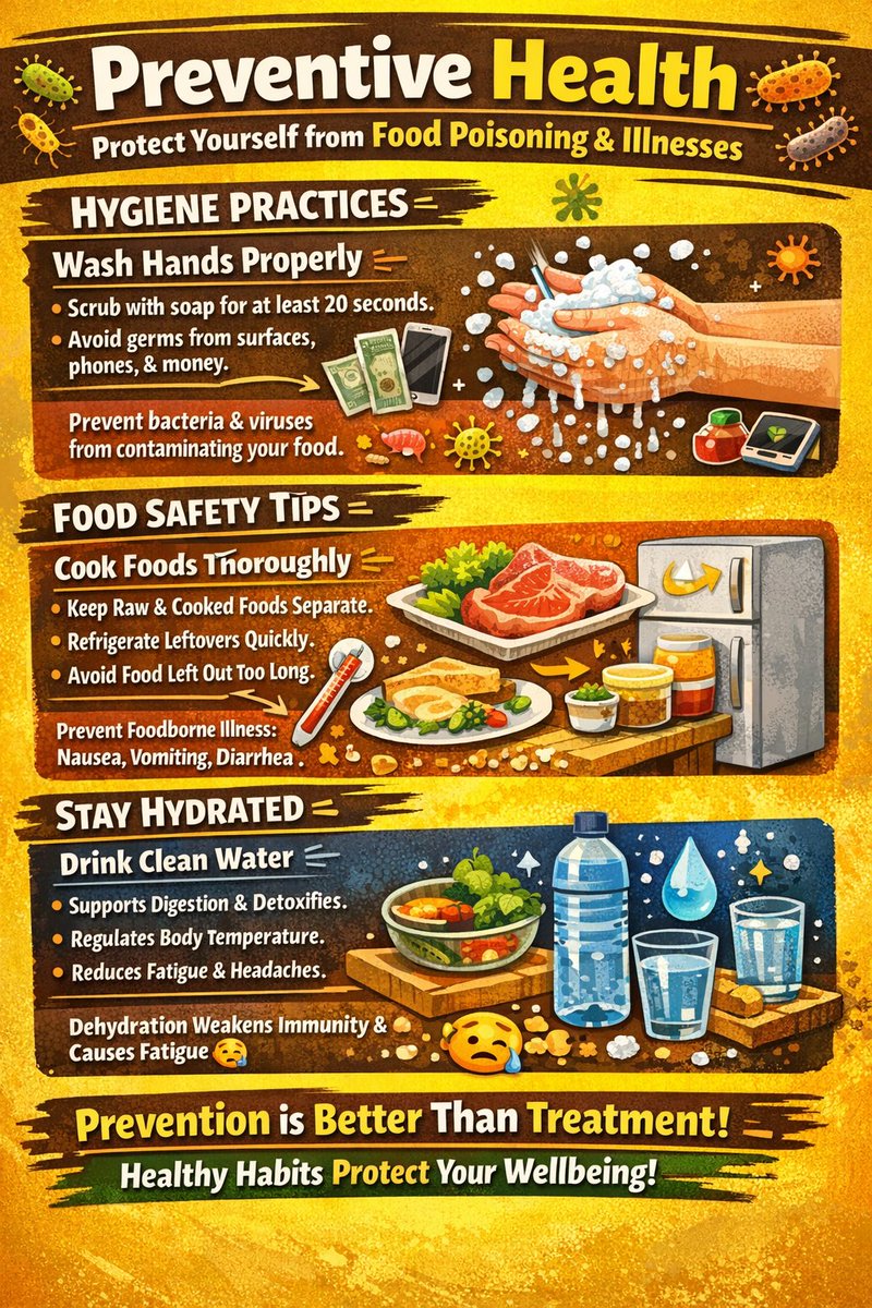 Good Morning ♥️♥️♥️
 Your daily health starts with small, mindful actions. Simple habits like proper handwashing, safe food handling, and staying hydrated can prevent food poisoning, boost immunity, and protect your overall wellbeing. Prevention is not just smart, it’s powerful.
