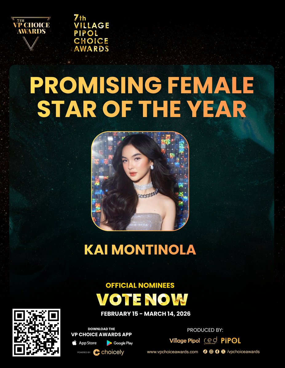 vpchoiceawards's tweet photo. PIPOL, cast your vote now for Kai Montinola as #7thVPChoiceAwards – Promising Female Star of the Year.

Show your full support by SHARING this and voting daily via the VP Choice Awards App or through the Web Voting Portal, powered by Choicely.

📲 FREE votes every 8 hours
📲 Premium votes available for more voting options
📲 App available on Android, iPhone & iPad
🌐 Web voting at https://t.co/jeEHIHF0GX

Need a step-by-step guide? Visit:
https://t.co/iAdU3dx47Z

Make your vote count.

#VPChoiceAwards #7thVPCAVoteNow