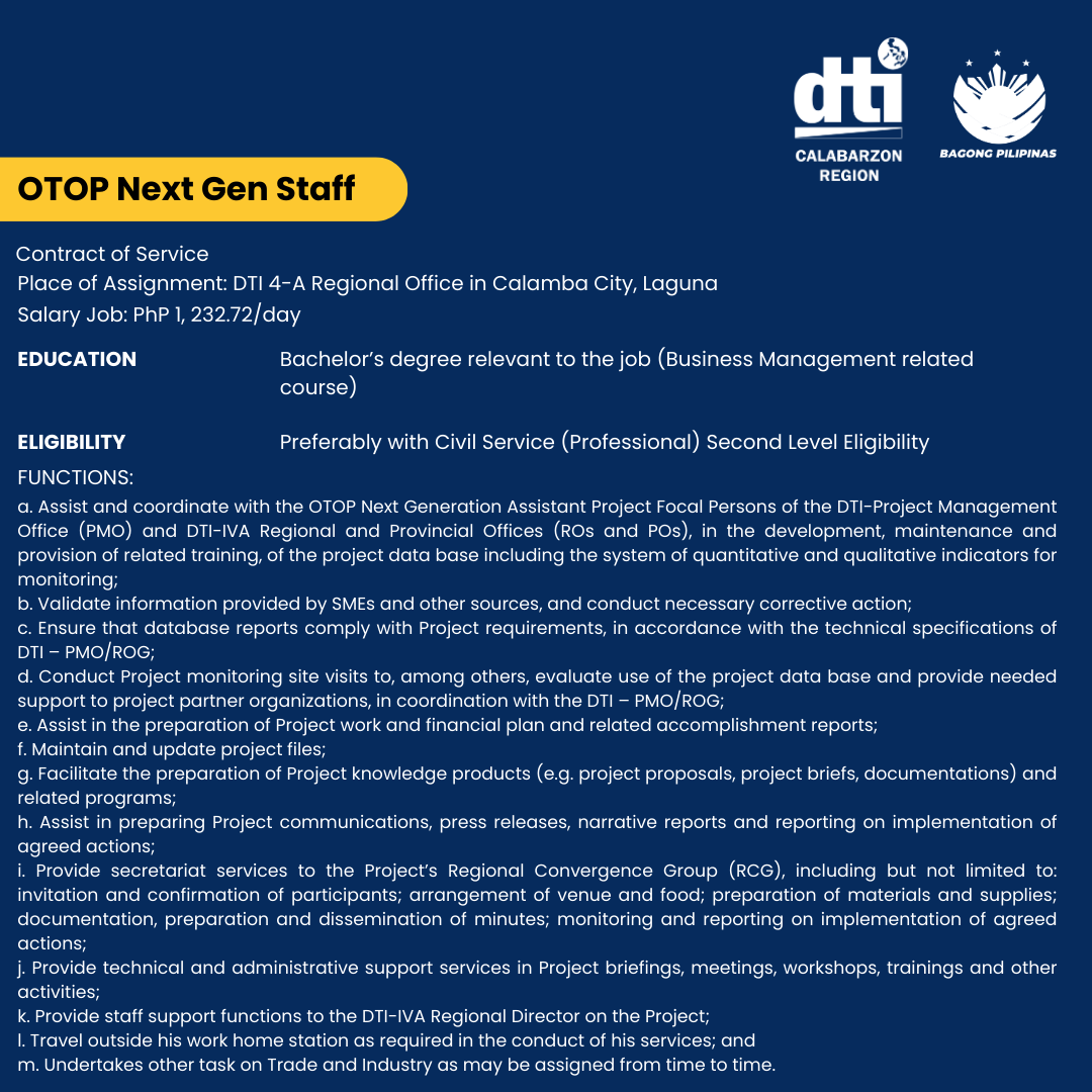 dticalabarzon's tweet photo. 𝐖𝐄 𝐀𝐑𝐄 𝐇𝐈𝐑𝐈𝐍𝐆! 

Deadline for submission of application with complete requirements is on March 20, 2026 to place of assignment where the position is vacant or email at r04a@dti.gov.ph.

#iamDTIph #dti4a #dticalabarzon https://t.co/xJx7bFmLRw