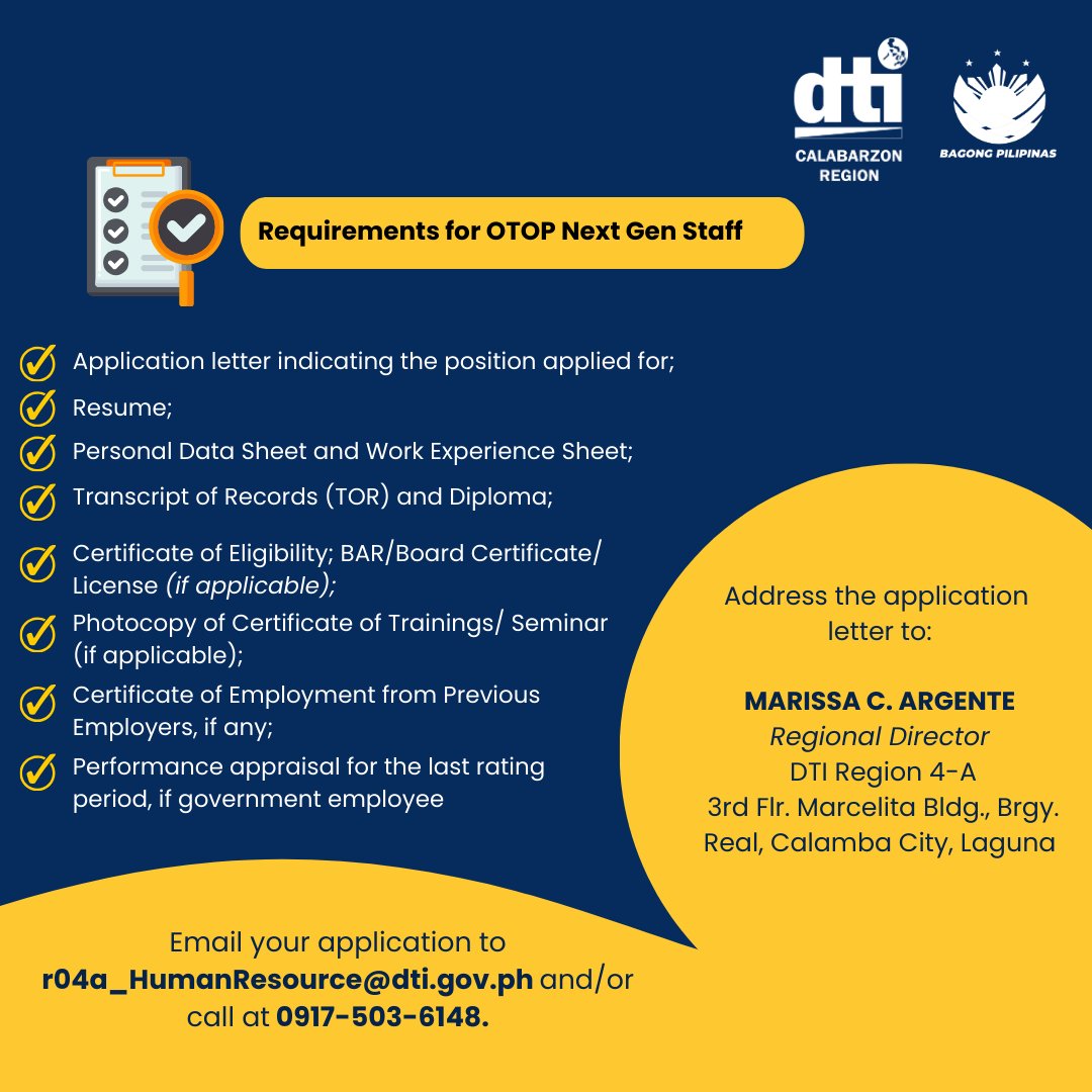 dticalabarzon's tweet photo. 𝐖𝐄 𝐀𝐑𝐄 𝐇𝐈𝐑𝐈𝐍𝐆! 

Deadline for submission of application with complete requirements is on March 20, 2026 to place of assignment where the position is vacant or email at r04a@dti.gov.ph.

#iamDTIph #dti4a #dticalabarzon https://t.co/xJx7bFmLRw