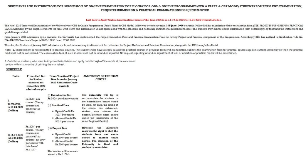 chandigarh_rc's tweet image. TERM END EXAMINATION, PROJECTS SUBMISSION &amp;amp; PRACTICAL EXAMINATIONS FOR JUNE 2026 TEE

Last date to Apply Online Examination Form for TEE June-2026 is w.e.f. 10.03.2026 to 10.04.2026 without Late fee.

ignou.samarth.edu.in/index.php/site…

@OfficialIGNOU 
#ignourcchd
#IGNOU