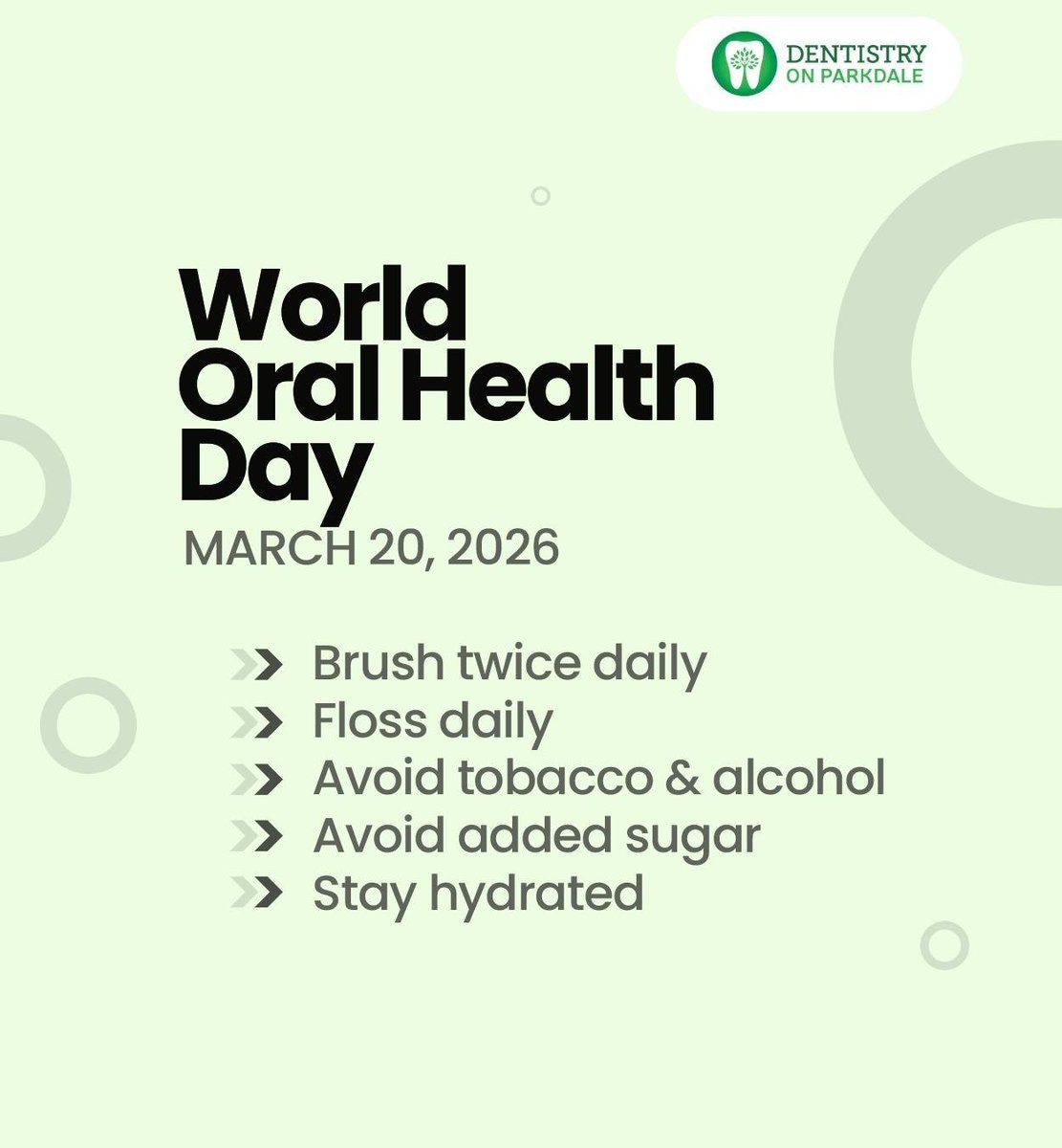 Good oral health can support your overall health. Make sure you follow these tips for better oral health; it's never too late to start taking care of yourself.

dentistryonparkdale.com

#worldoralhealthday #oralhealthtips #oralhygiene #hamilton #ON #dentistryonparkdale