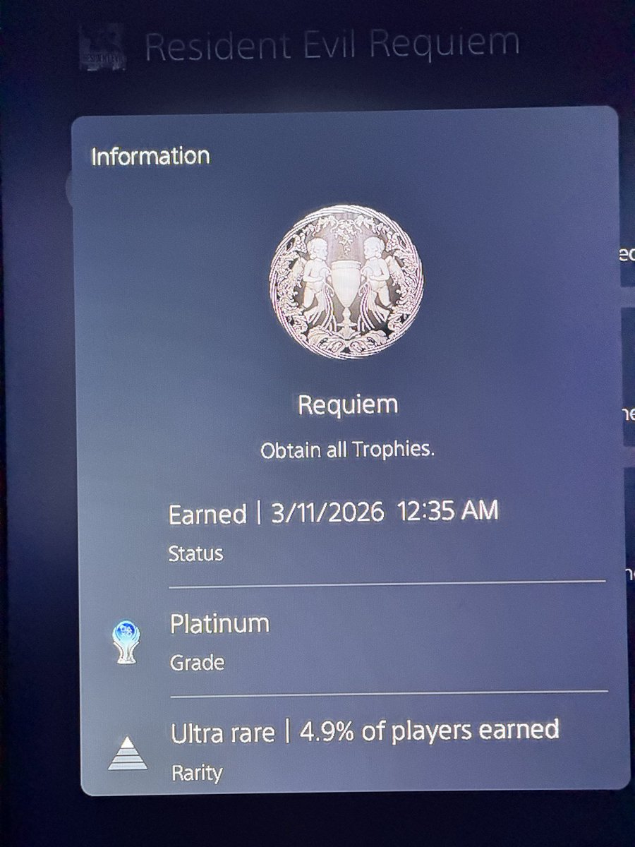 michael_klever's tweet photo. Wow. I CANNOT believe I actually did it. I got platinum on #RE9!!!!! First time I’ve ever platinum’d a game. So happy! And such a beautiful game! Thank you @CapcomUSA_ #REBHFun #ResidentEvilRequiem #RE9spoilers @RE_Games https://t.co/x4YYczLaEM