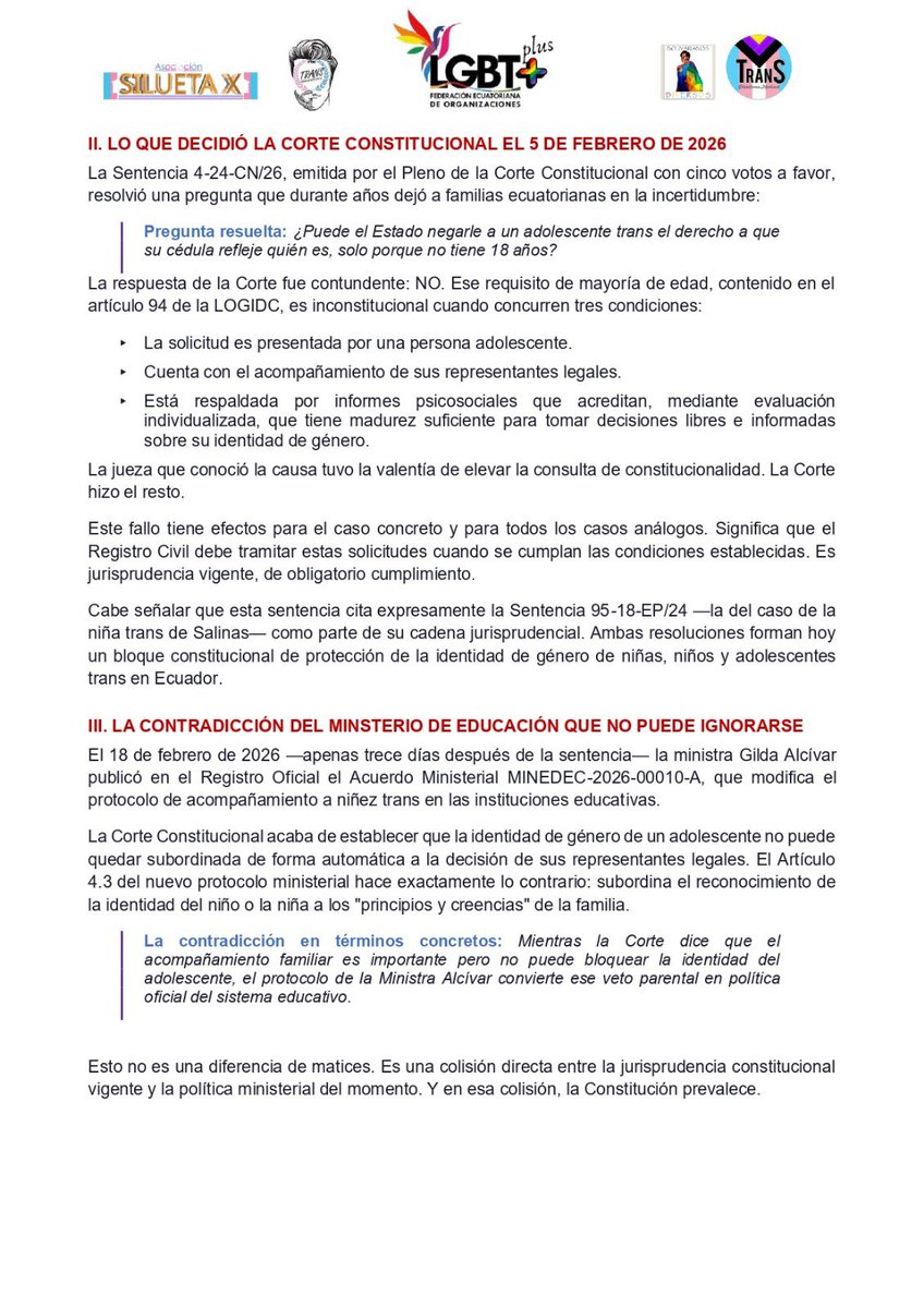 🏳️‍⚧️🌈Un chico trans de 15 años le dijo al Estado ecuatoriano “yo sé quién soy”. Y la Corte Constitucional le dio la razón. 🏛️✊

La sentencia 4-24-CN/26 acaba de declarar inconstitucional negarle a un adolescente trans el derecho a que su cédula refleje su identidad de género —