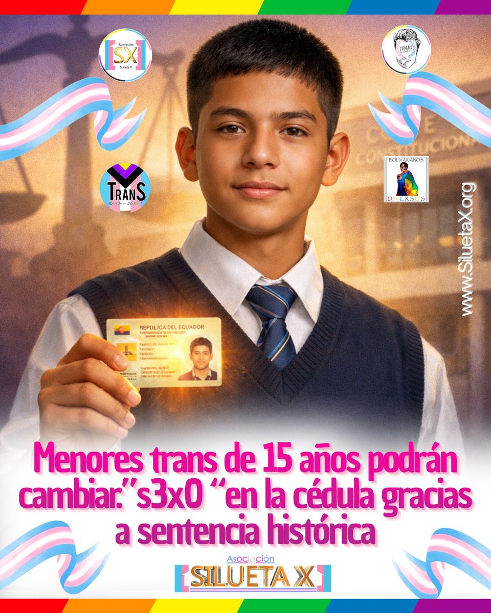 DianeRodriguezZ's tweet photo. 🏳️‍⚧️🌈Un chico trans de 15 años le dijo al Estado ecuatoriano “yo sé quién soy”. Y la Corte Constitucional le dio la razón. 🏛️✊

La sentencia 4-24-CN/26 acaba de declarar inconstitucional negarle a un adolescente trans el derecho a que su cédula refleje su identidad de género — solo por no tener 18 años.
Y ahora ese fallo te protege a ti también. 

📌 Lo que cambió:
Si eres adolescente trans, tienes representantes legales que te apoyan y un informe psicosocial que acredita tu madurez — el Registro Civil tiene que procesarte el cambio de género. Ya no pueden decirte que esperes a los 18.

Llevamos más de una década peleando este terreno:
el cambio de nombre, género opcional en la cédula, el cambio de sexo.

Este fallo es nuestro. Es tuyo.

🔁 Compártelo — hay adolescentes trans que necesitan saber que esto existe.

🔗 Lee la comunicado completa en nuestra bio.
#DerechosTransEcuador #SiluetaX #CorteConstitucional #AdolescentesTrans #IdentidadDeGénero #PlataformaTrans #CoaliTrans #TransmasculinosEcuador
