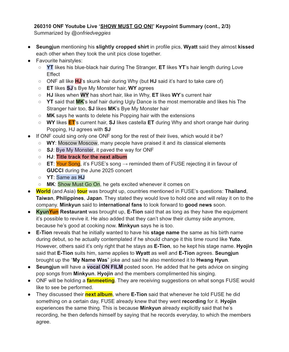 onfriedveggies's tweet photo. 260310 ONF Youtube Live ‘SHOW MUST GO ON!’ Keypoint Summary ❤🧡💜🖤💚💙💡

Talks including: new company, upcoming comeback and fanmeeting, world tour, Hwang Hyun, and more

🔗 https://t.co/jkioUIeGVK https://t.co/pqbqThvTBK