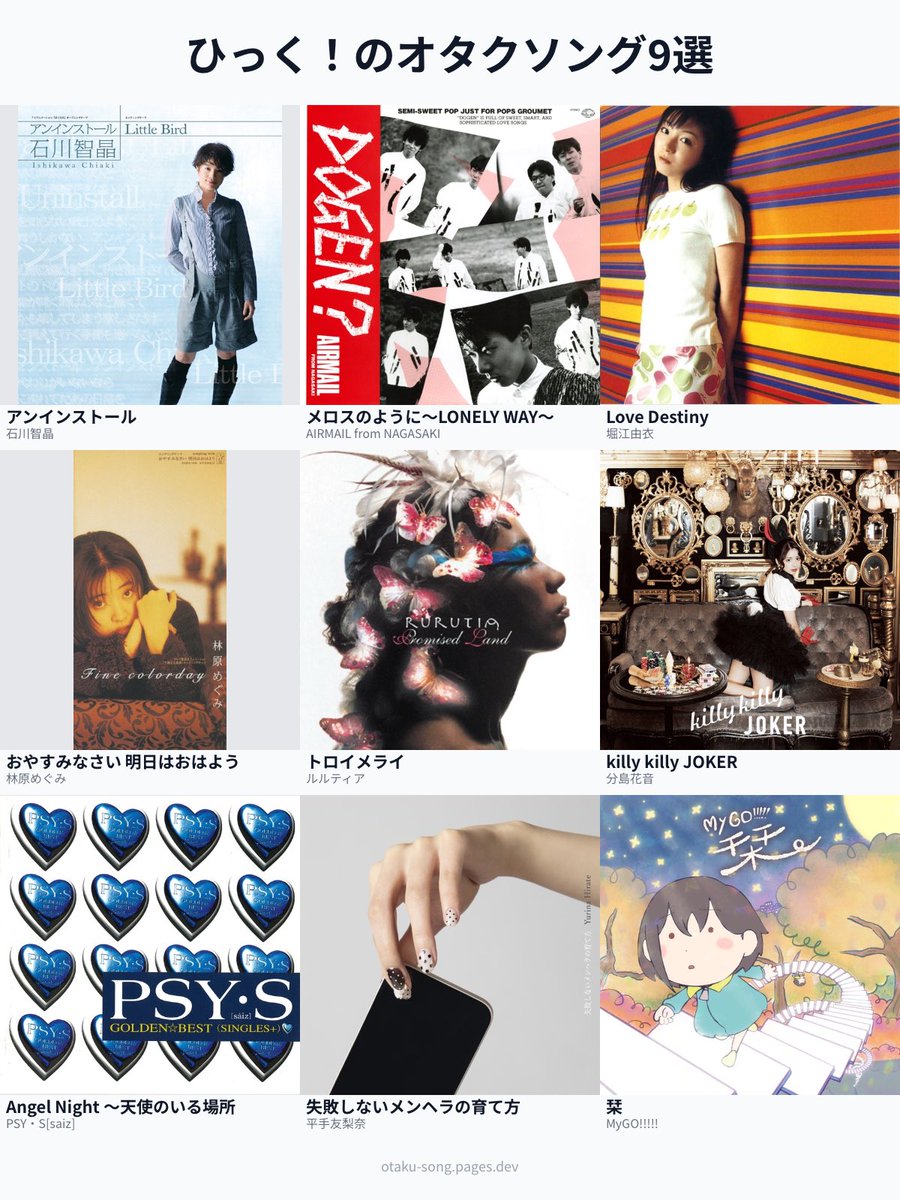 こんなにもオタクソングが揃ってるというのに、あまりにもアニメアイコンが無い！！！！！！全部分かる方とは恐らく運命的な縁があると思います

#俺のオタクソング9選
otaku-song.pages.dev/share/o2x6wzy1