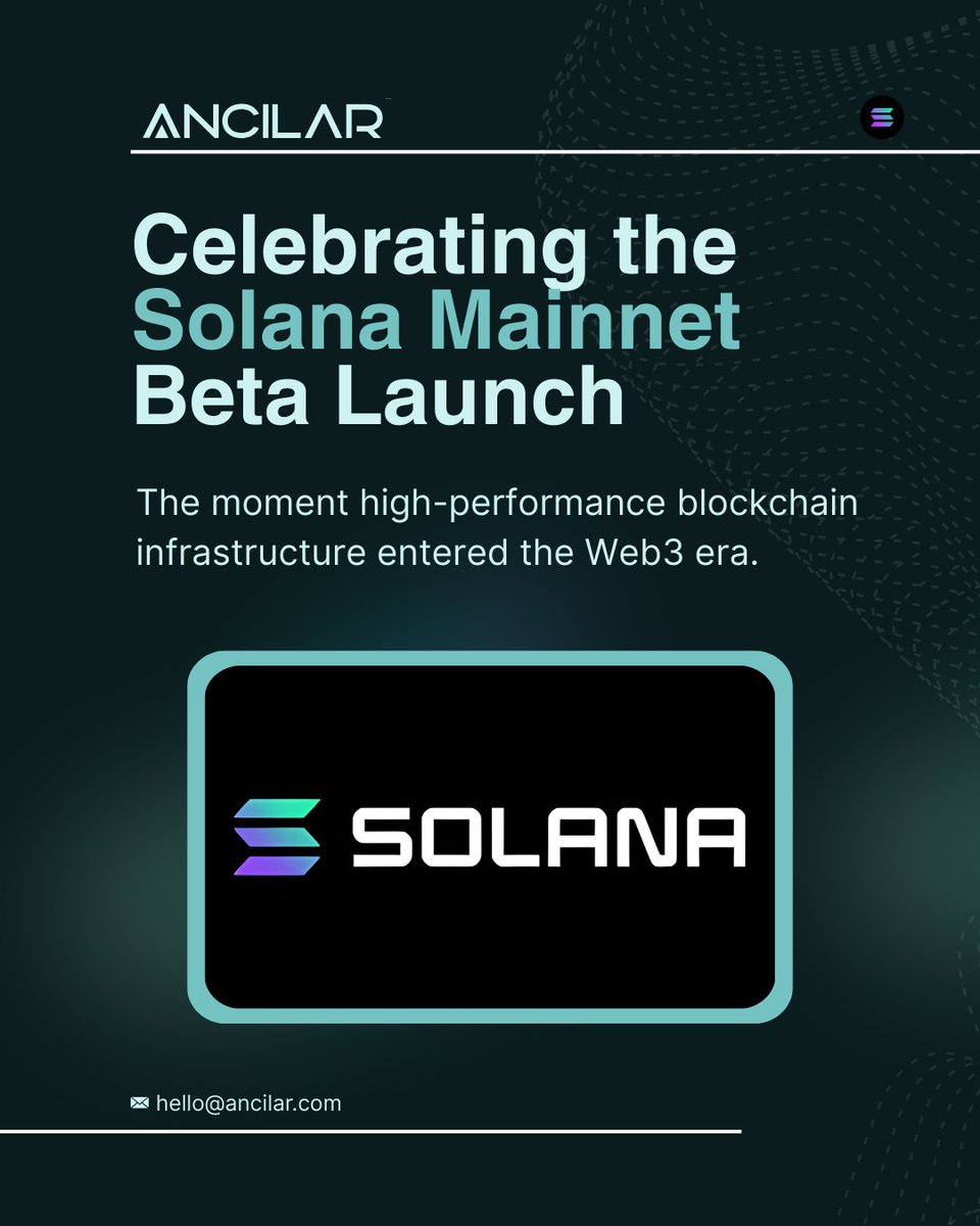 ancilartech's tweet photo. Celebrating the Solana Mainnet Beta Launch ๐
The moment high-performance blockchain infrastructure entered the Web3 era and redefined speed, scalability, and on-chain execution.
#Solana #Web3Infrastructure #BlockchainNetworks #CryptoTechnology #Layer1 #Web3Development #Ancilar #BuildInWeb3
