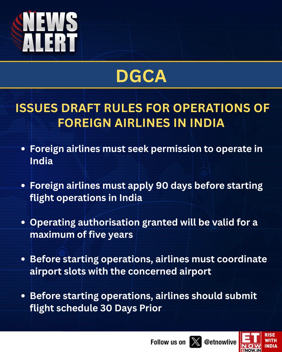 ETNOWlive's tweet image. #NewsAlert | DGCA issues draft rules for operations of foreign airlines in India👇

#DGCA #AviationNews