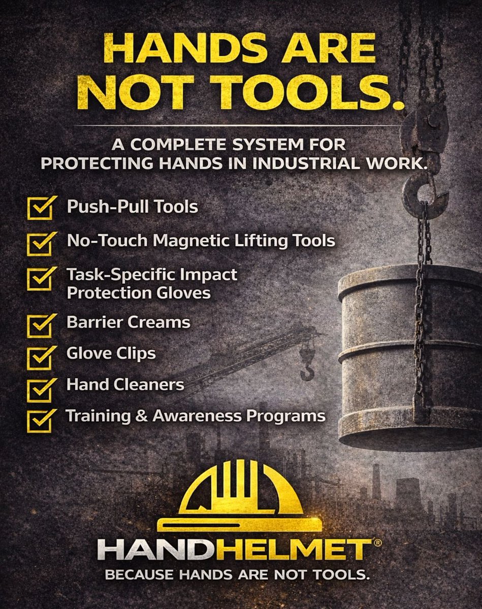 HandHelmet's tweet image. In industrial workplaces, hands are involved in almost every task. Protecting them requires more than one product — it takes a complete system working together.
Hands are not tools. 🤝
#HandSafety #BecauseHandsAreNotTools #HandProtection #WorkplaceSafety #HSE