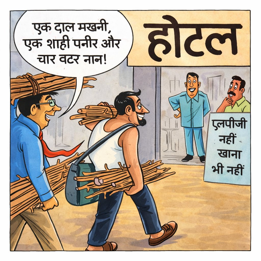 oyspa_com's tweet photo. जब LPG नहीं है… तो होटल में खाना कैसे बनेगा?

फिर भी उम्मीद है कि कोई बोले — “एक दाल मखनी, एक शाही पनीर और चार बटर नान!”

#PoliticalCartoon #Satire #LPGCrisis #IndianPolitics #CartoonArt #América https://t.co/a6AeozImIr