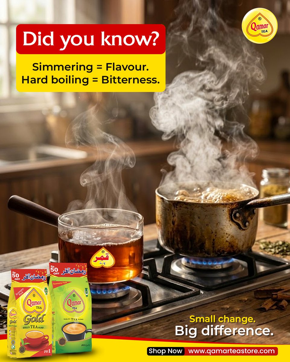 nsmqamartea's tweet image. Did you know? ☕

Simmering = flavour.
Hard boiling = bitterness.
Let your chai slowly simmer
until the colour turns deep amber.

Small change.
Big difference.
Enjoy Qamar Tea Ramzan Bachat Offers today.

🛒 Shop Now: qamarteastore.com
#QamarTea #ChaiTips #TeaFacts #Perfect