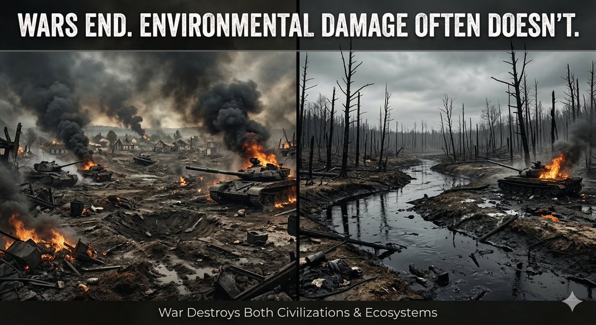 anganasarmah's tweet photo. The Environmental Casualties of War

War doesn’t just destroy cities, it destroys ecosystems.

During the Gulf War, more than 600 oil wells were set on fire, creating one of the worst environmental disasters in history.

#ClimateAndConflict https://t.co/fqGa45OS2g
