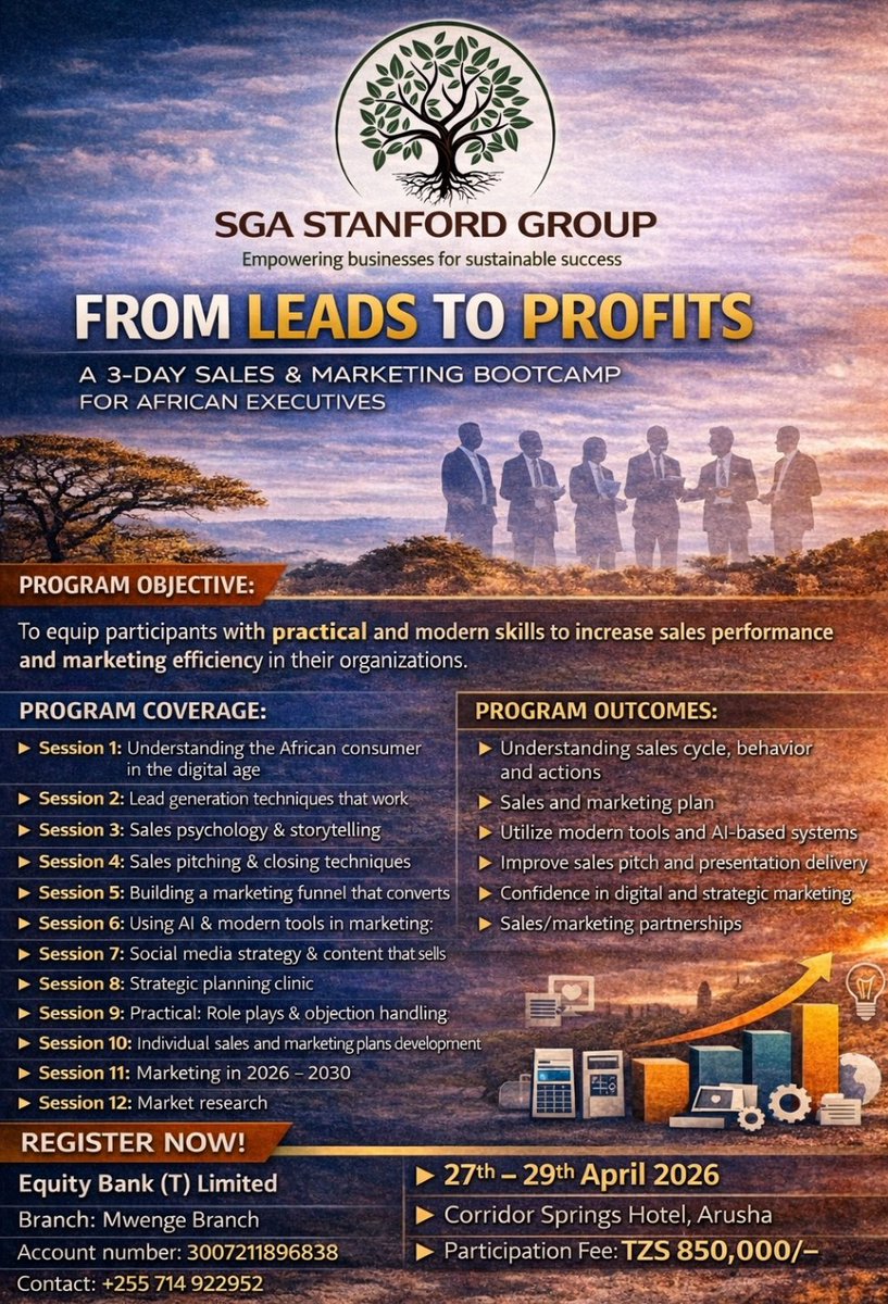SGAStanford's tweet photo. FROM LEADS TO PROFITS 
3-Day Sales &amp; Marketing Bootcamp for African Executives

Are you generating leads but struggling to convert them into real profits?
This bootcamp is for YOU.
1. Learn modern sales &amp; marketing strategies
2. Master sales pitching, storytelling &amp; closing
.... https://t.co/BYfDQSJZNH
