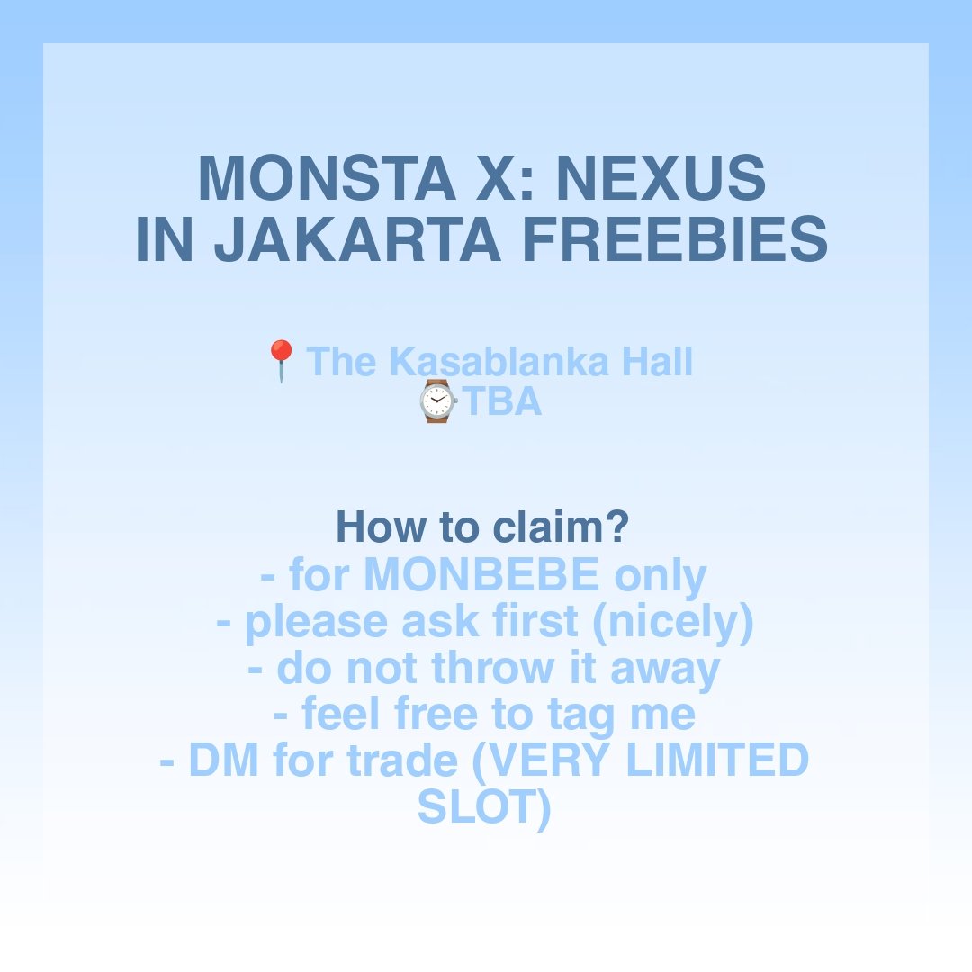 MONSTA X THE X: NEXUS IN JAKARTA FREEBIES

(likes &amp; rt are appreciated *mwah*)

📅 18 April 2026
📍 The Kasablanka Hall
🕛 TBA

Note: LIMITED QUANTITY!

#MONSTA_THEX_NEXUS #MONSTAX_THEX_NEXUS_JKT