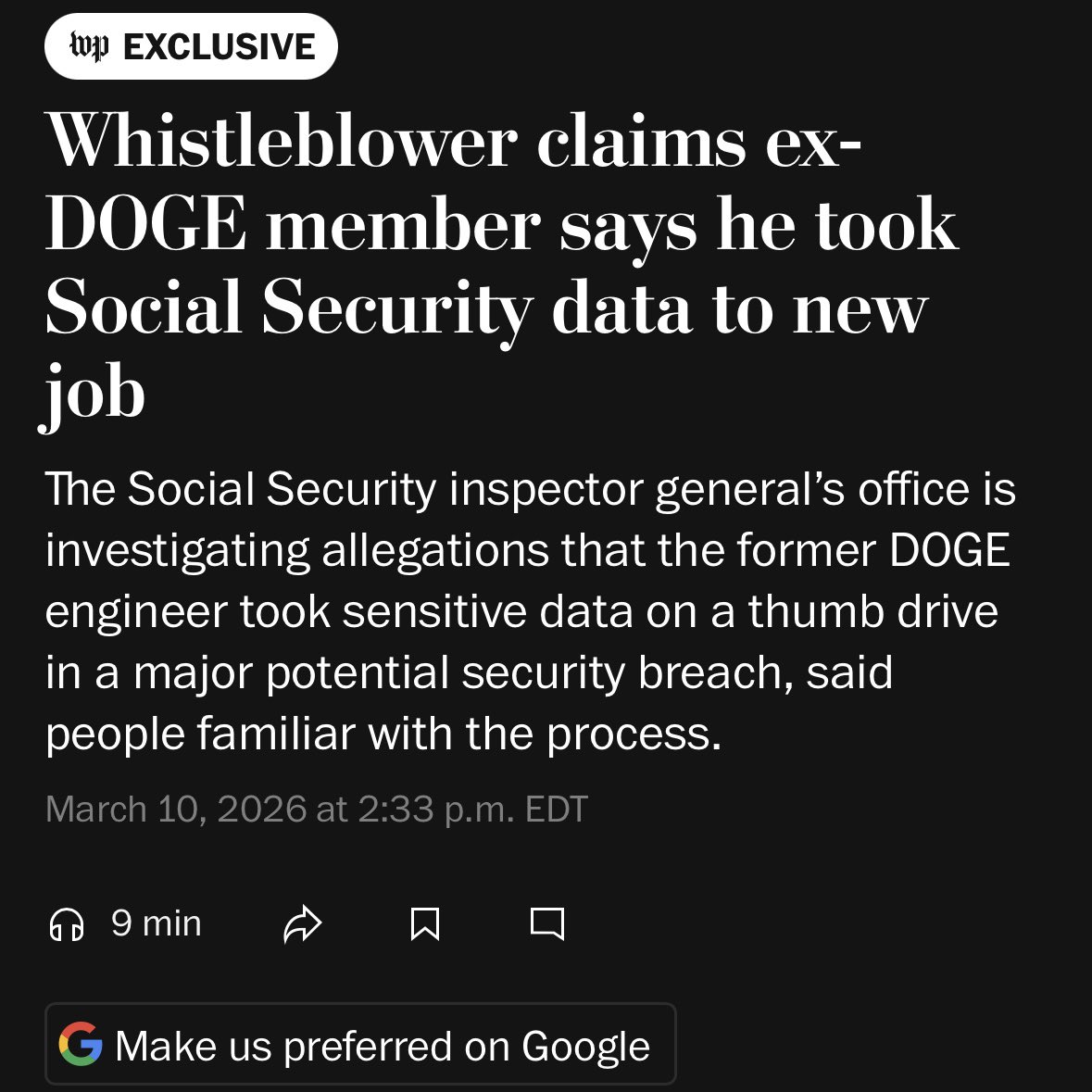 For months, we warned DOGE's access to Americans' private data was ripe for abuse. And here it is:

A former DOGE employee stole the Social Security numbers &amp; personal info of over 500 MILLION Americans.

Musk, Trump, &amp; their DOGE lackies must be made to answer for this, NOW.